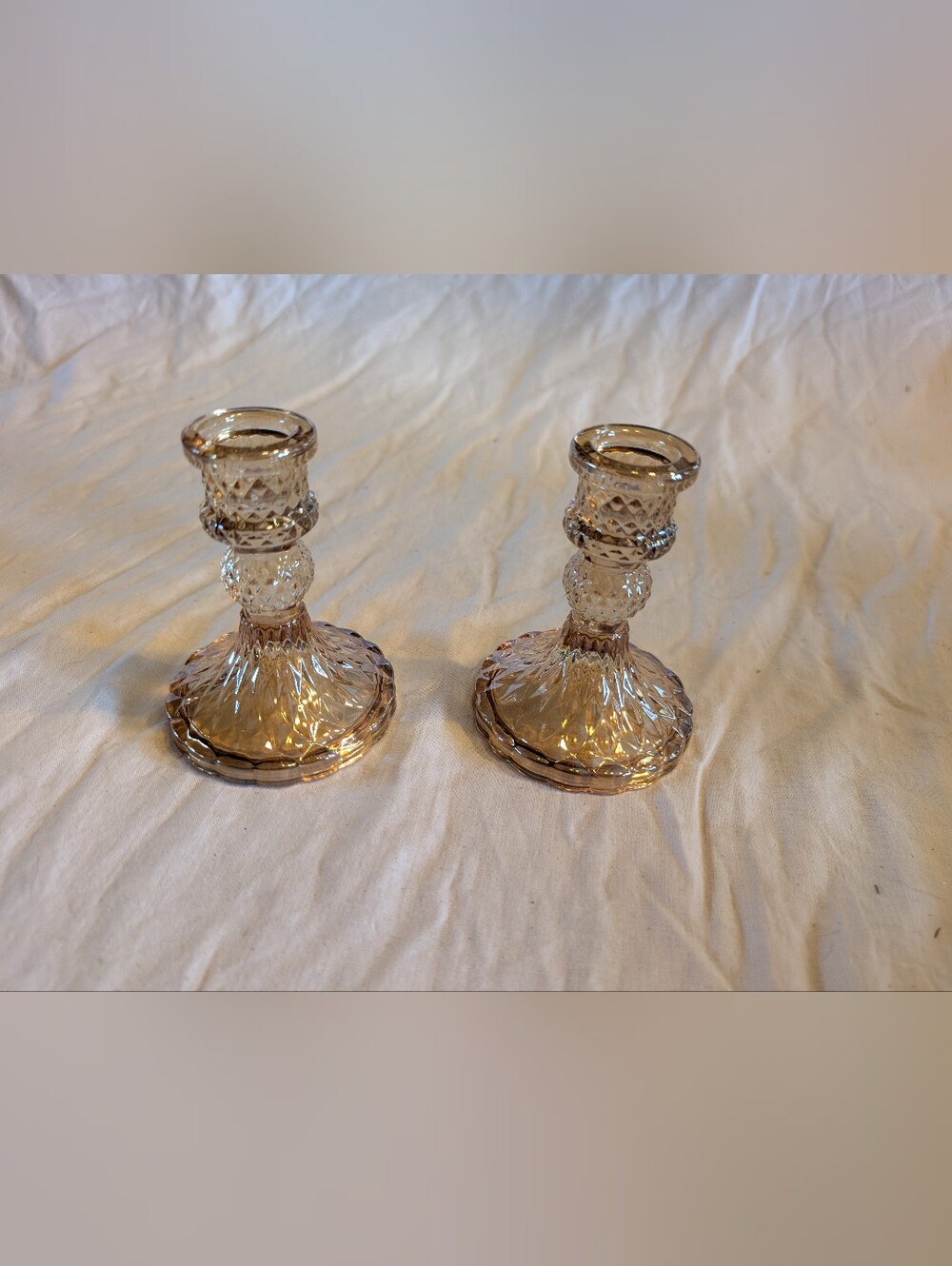 2/60$ Vintage Marigold Glass Pressed Candlestick Holders - Pair